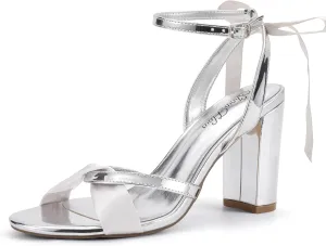 Mofri ShowHow Women's Silk Bow Tie Heels Ankle Strap Chunky Block Heel Dress Sandals Cross Strap Open Toe Wedding Bridal Heels