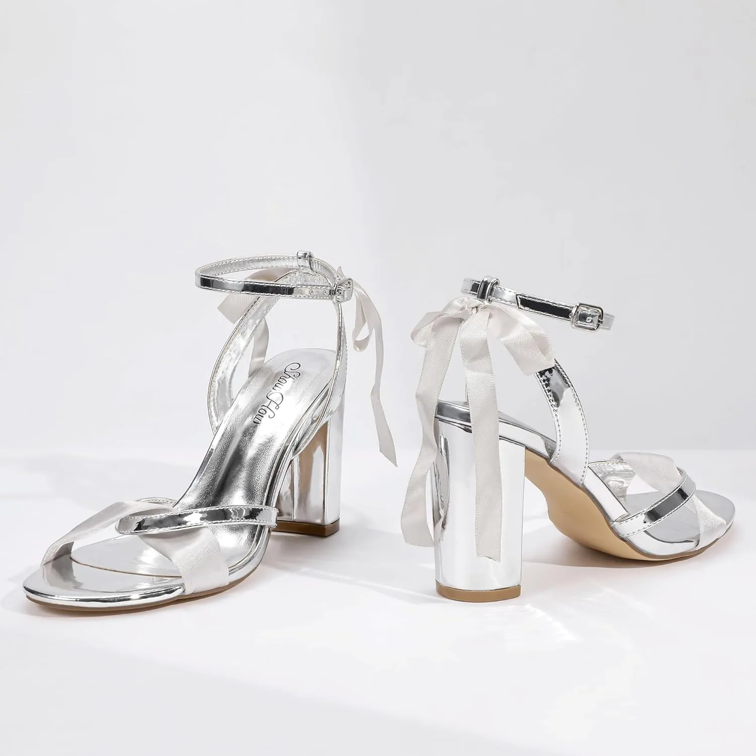 Mofri ShowHow Women's Silk Bow Tie Heels Ankle Strap Chunky Block Heel Dress Sandals Cross Strap Open Toe Wedding Bridal Heels