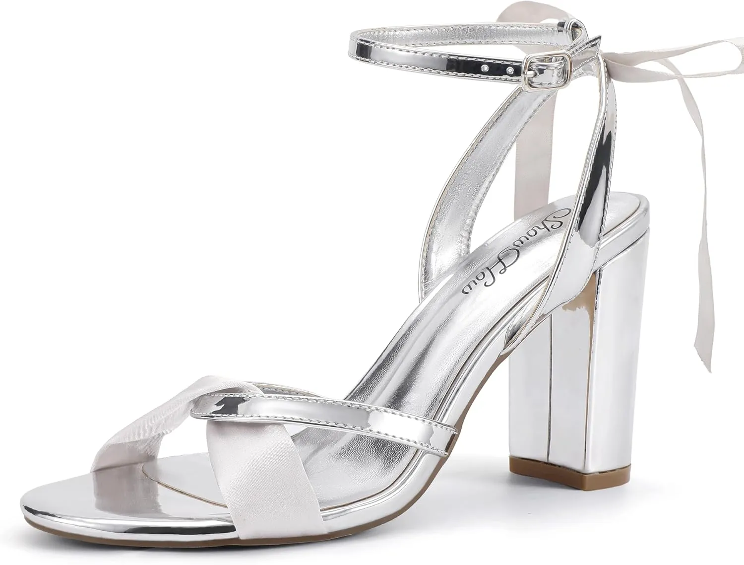 Mofri ShowHow Women's Silk Bow Tie Heels Ankle Strap Chunky Block Heel Dress Sandals Cross Strap Open Toe Wedding Bridal Heels