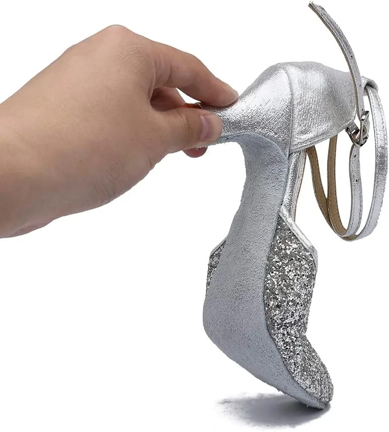 MSMAX Womens Latin Dance Shoe Mid Heel Glitter Party Dancing Sandals