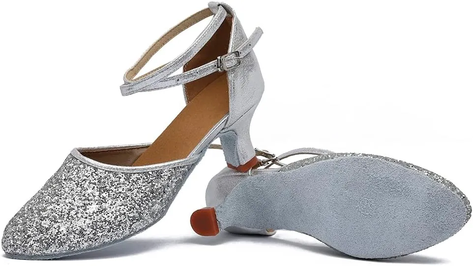 MSMAX Womens Latin Dance Shoe Mid Heel Glitter Party Dancing Sandals