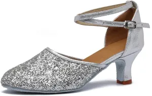 MSMAX Womens Latin Dance Shoe Mid Heel Glitter Party Dancing Sandals