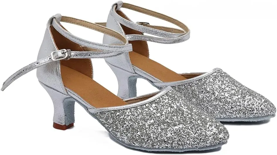 MSMAX Womens Latin Dance Shoe Mid Heel Glitter Party Dancing Sandals
