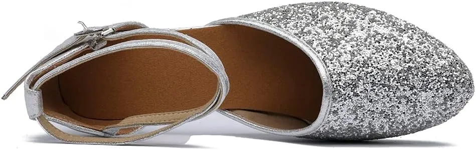 MSMAX Womens Latin Dance Shoe Mid Heel Glitter Party Dancing Sandals