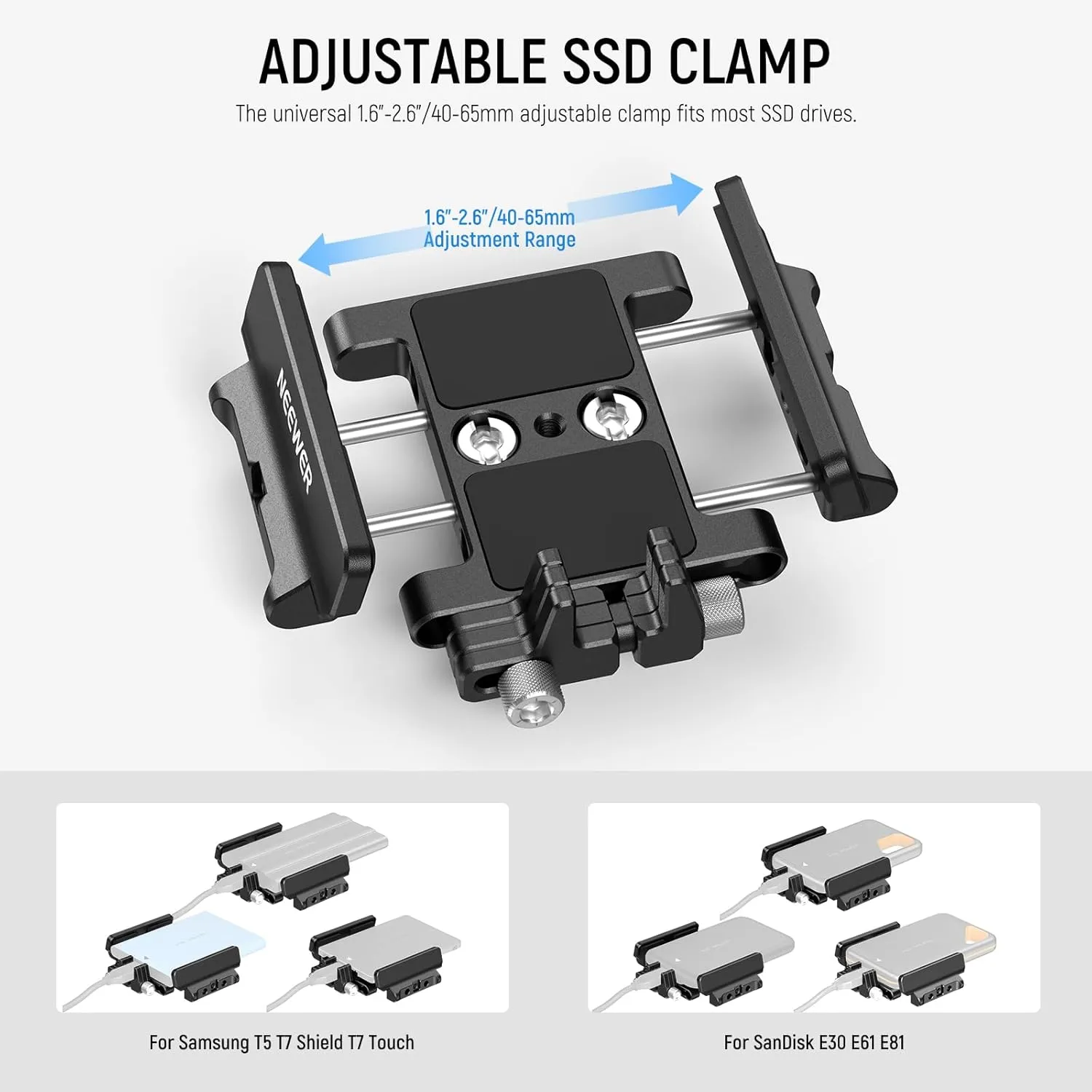NEEWER Mount Bracket SSD Holder with Cold Shoe Cable Clamp, 1.6"-2.6" for Samsung T5 T7 SSD SanDisk Compatible with SmallRig Cage for BMPCC 4K 6K Compatible with iPhone 15 Pro Max Phone Cage, UA035