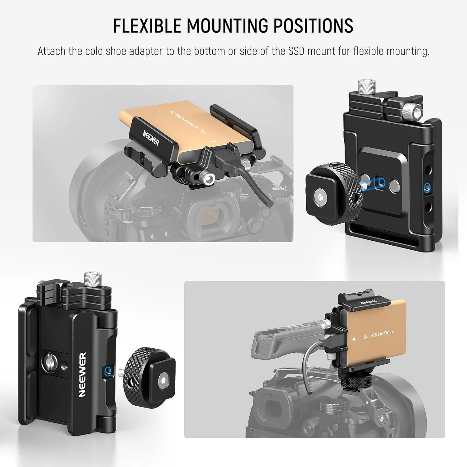 NEEWER Mount Bracket SSD Holder with Cold Shoe Cable Clamp, 1.6"-2.6" for Samsung T5 T7 SSD SanDisk Compatible with SmallRig Cage for BMPCC 4K 6K Compatible with iPhone 15 Pro Max Phone Cage, UA035