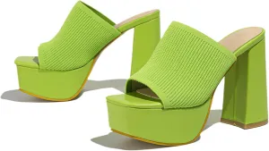 NELSBREXWomen'S Knitted Peep Toe Platform Chunky High Heel Slide Sandals Slip-On Square Open Toe Non-Slip Block High Heeled Backless Sexy Party Dress Mules Slippers for Club Events Prom