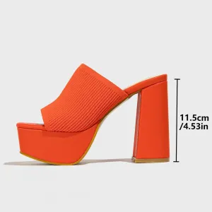 NELSBREXWomen'S Knitted Peep Toe Platform Chunky High Heel Slide Sandals Slip-On Square Open Toe Non-Slip Block High Heeled Backless Sexy Party Dress Mules Slippers for Club Events Prom