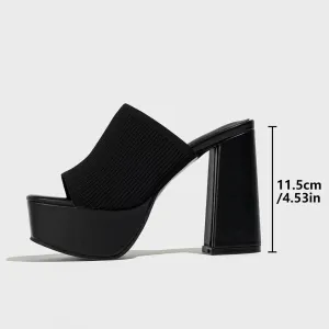 NELSBREXWomen'S Knitted Peep Toe Platform Chunky High Heel Slide Sandals Slip-On Square Open Toe Non-Slip Block High Heeled Backless Sexy Party Dress Mules Slippers for Club Events Prom
