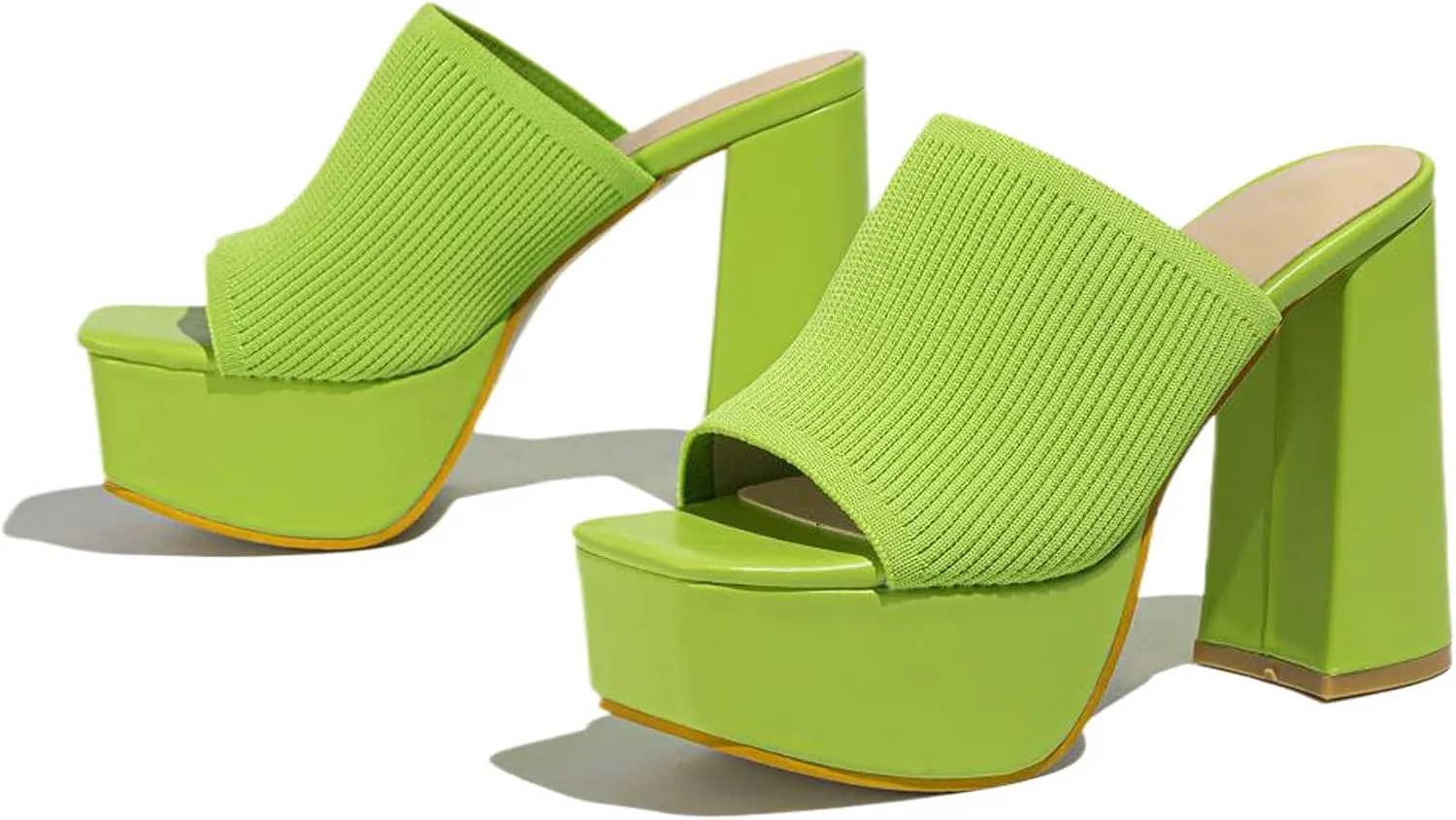 NELSBREXWomen'S Knitted Peep Toe Platform Chunky High Heel Slide Sandals Slip-On Square Open Toe Non-Slip Block High Heeled Backless Sexy Party Dress Mules Slippers for Club Events Prom