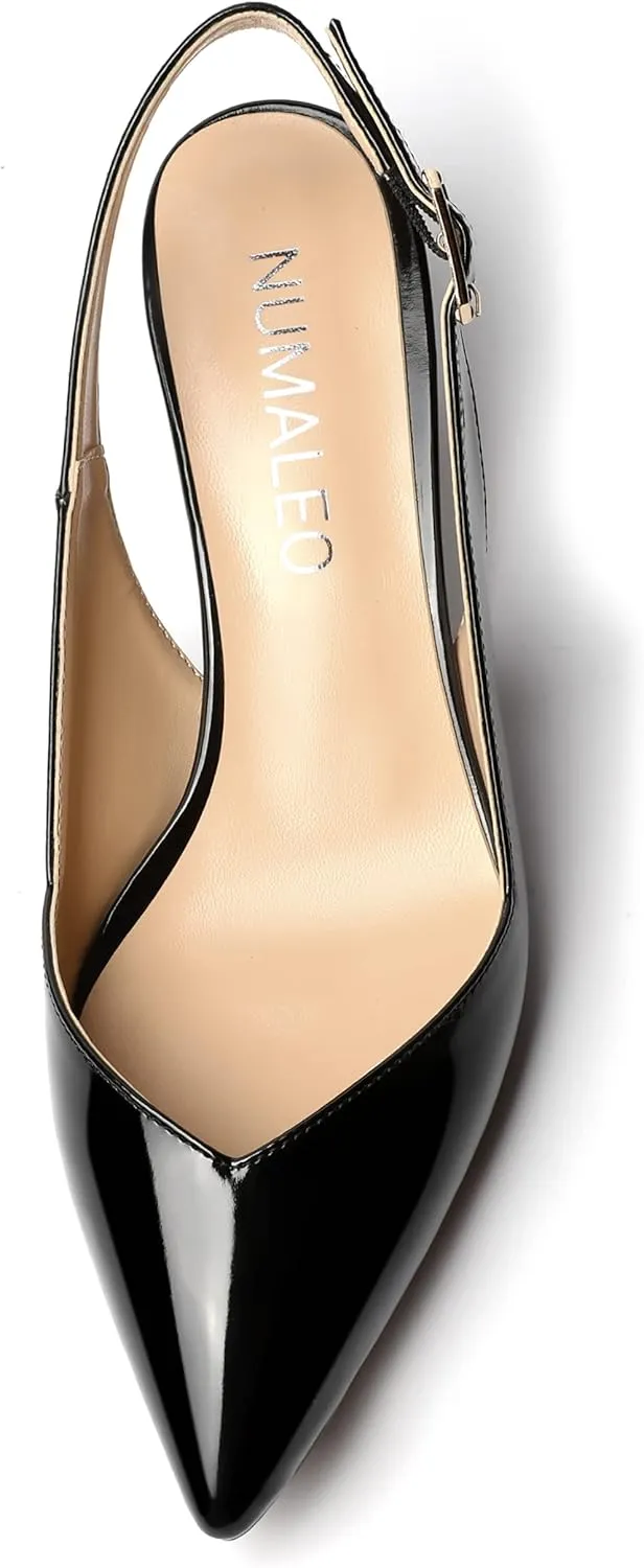 NUMALEO Womens Buckle Pointed Toe Ankle Strap Casual Patent Evening Spool Mid Heel Pumps Shoes 2.5 Inch