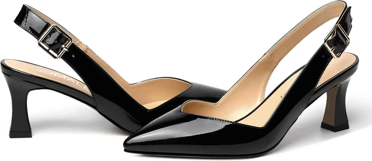 NUMALEO Womens Buckle Pointed Toe Ankle Strap Casual Patent Evening Spool Mid Heel Pumps Shoes 2.5 Inch