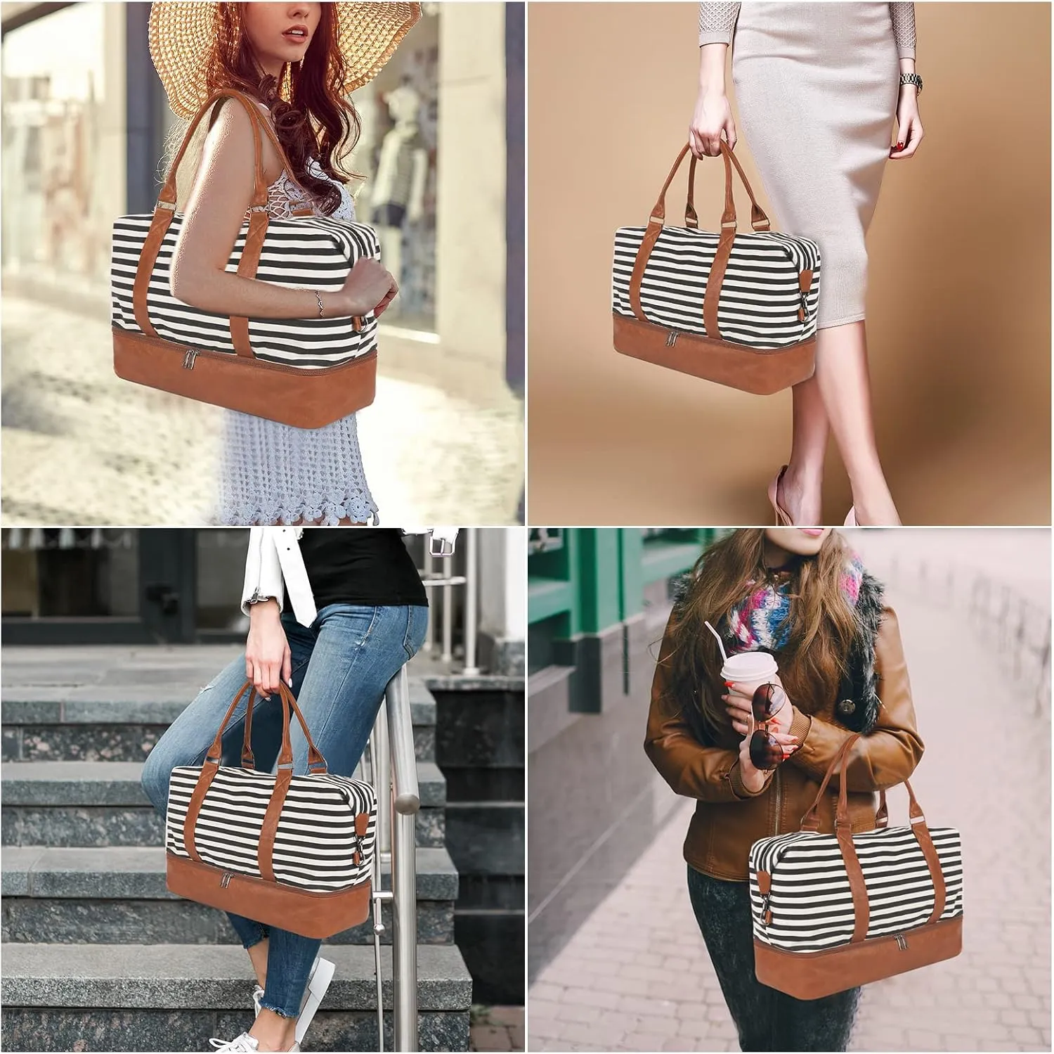 Oeihuivt Weekender Bags for Women - 21 Inch Large Travel Duffel Bag 2-Piece Set with Shoe Compartment, Heavy-Duty Canvas & Leather Carry On Overnight Tote (Airplane Approved)