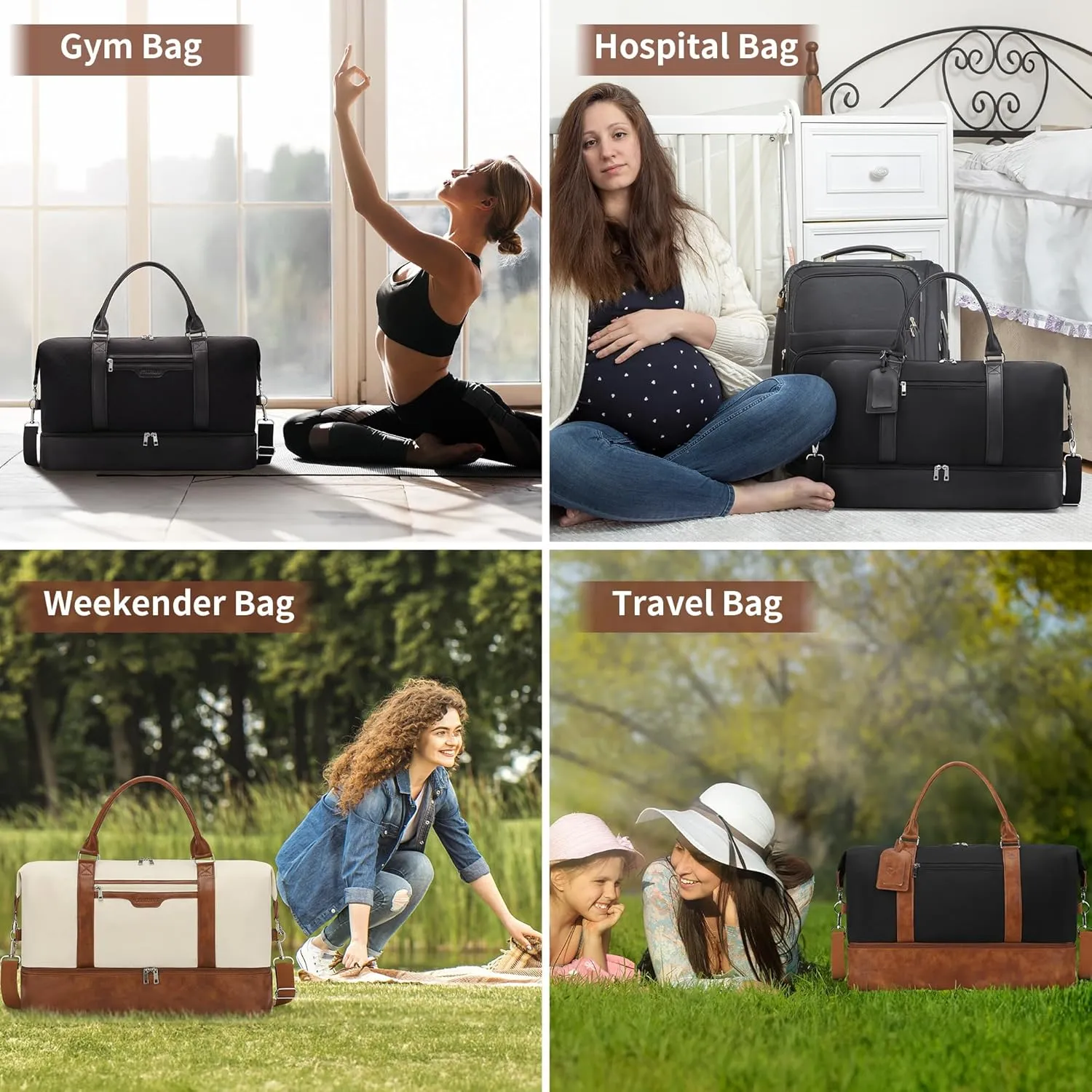 Oeihuivt Weekender Bags for Women - 21 Inch Large Travel Duffel Bag 2-Piece Set with Shoe Compartment, Heavy-Duty Canvas & Leather Carry On Overnight Tote (Airplane Approved)