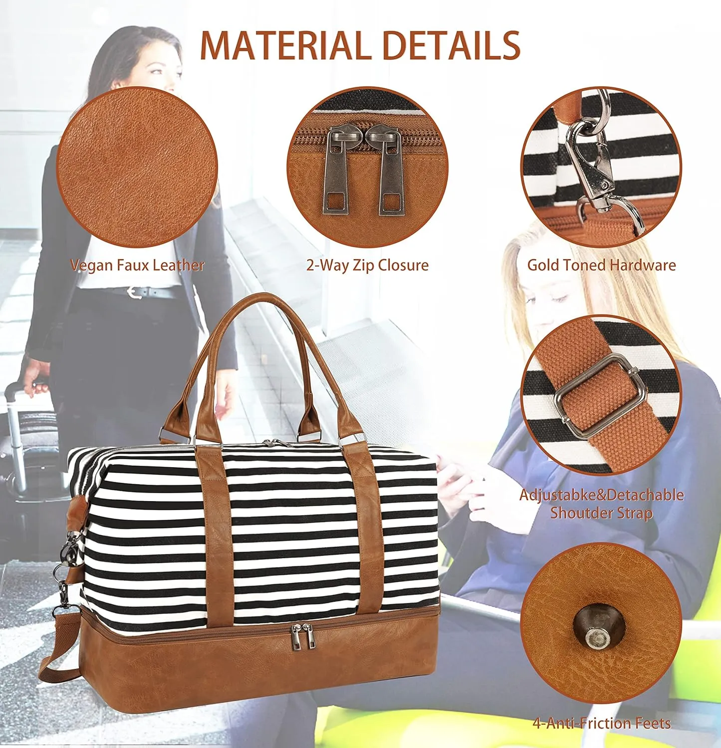 Oeihuivt Weekender Bags for Women - 21 Inch Large Travel Duffel Bag 2-Piece Set with Shoe Compartment, Heavy-Duty Canvas & Leather Carry On Overnight Tote (Airplane Approved)