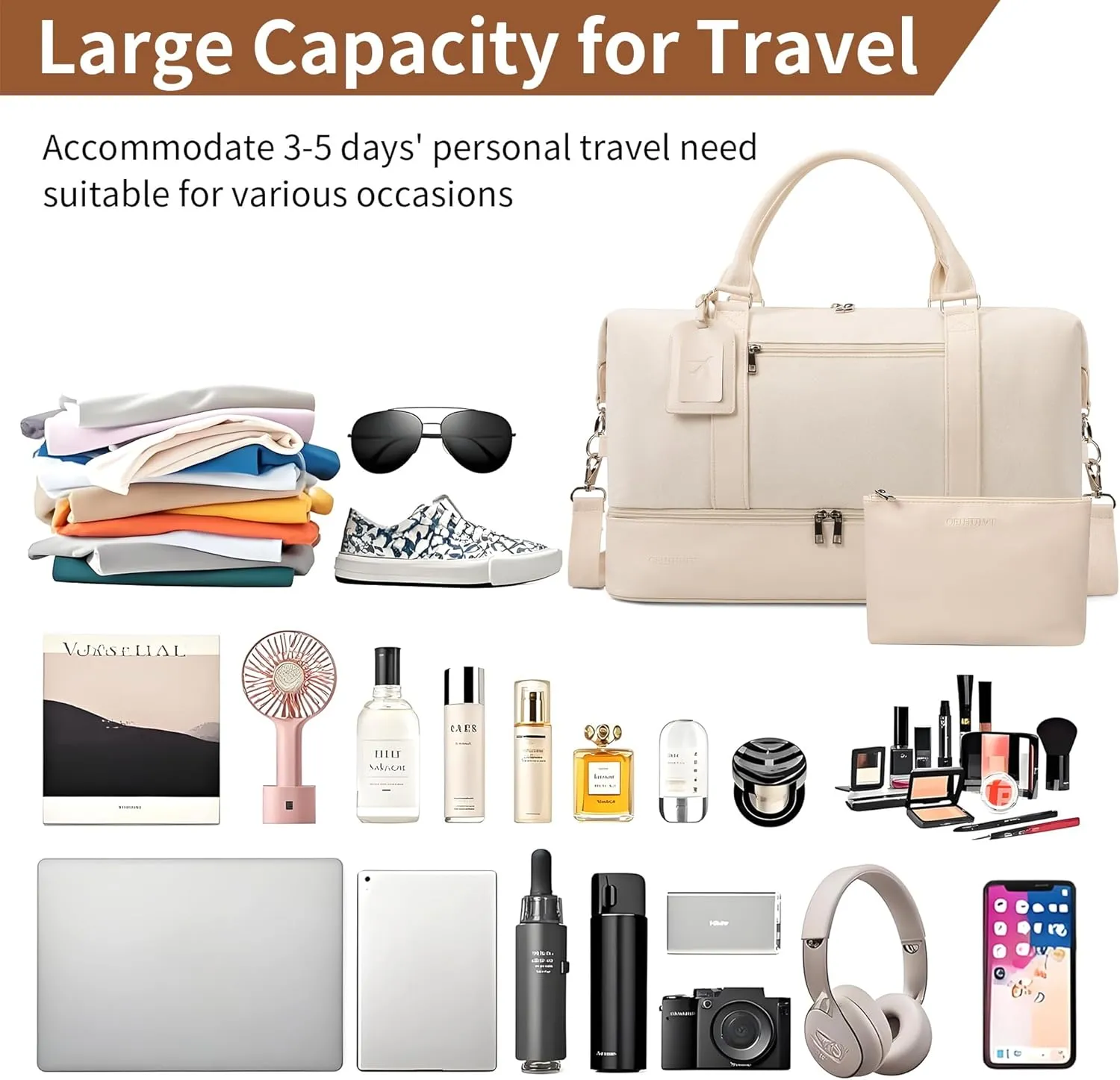 Oeihuivt Weekender Bags for Women - 21 Inch Large Travel Duffel Bag 2-Piece Set with Shoe Compartment, Heavy-Duty Canvas & Leather Carry On Overnight Tote (Airplane Approved)