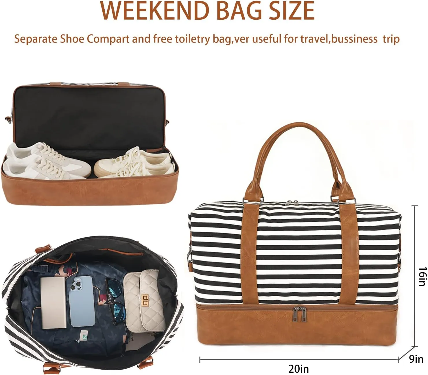 Oeihuivt Weekender Bags for Women - 21 Inch Large Travel Duffel Bag 2-Piece Set with Shoe Compartment, Heavy-Duty Canvas & Leather Carry On Overnight Tote (Airplane Approved)
