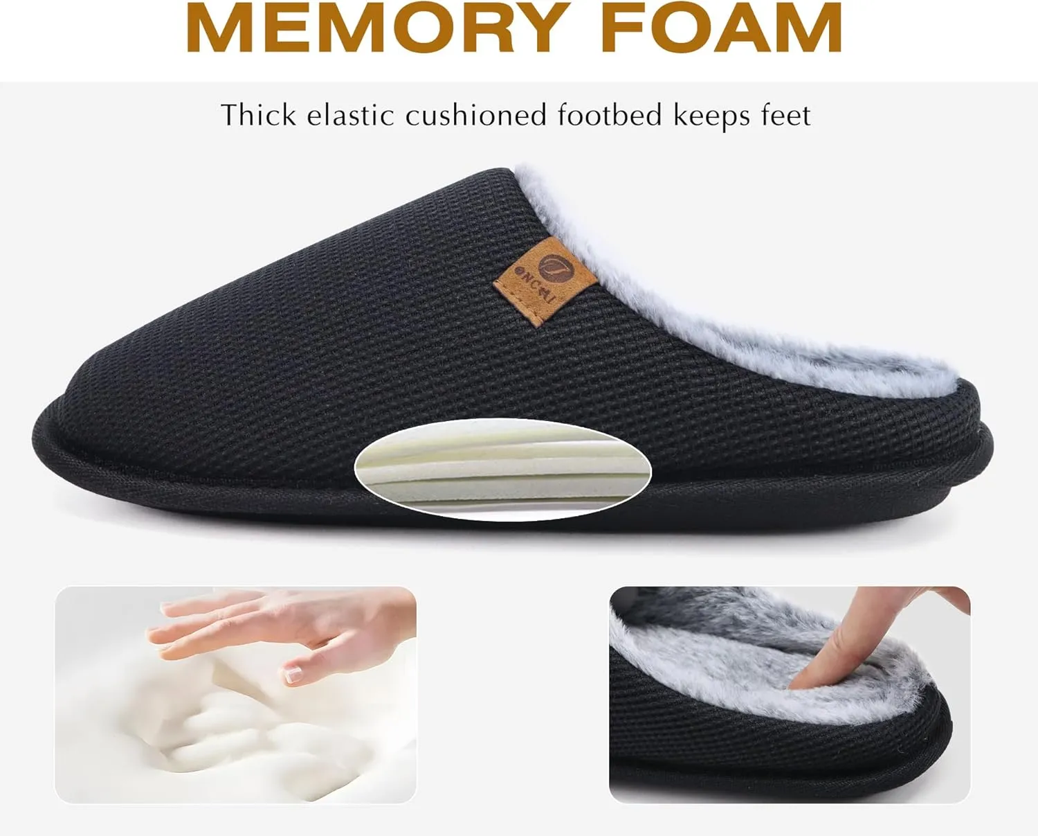 ONCAI Men's House Slippers, Cushion Memory Foam Shake Fleece and Man House Shoes with Faux Fur Lining and Indoor Outdoor Rubber Soles US Size 7-15