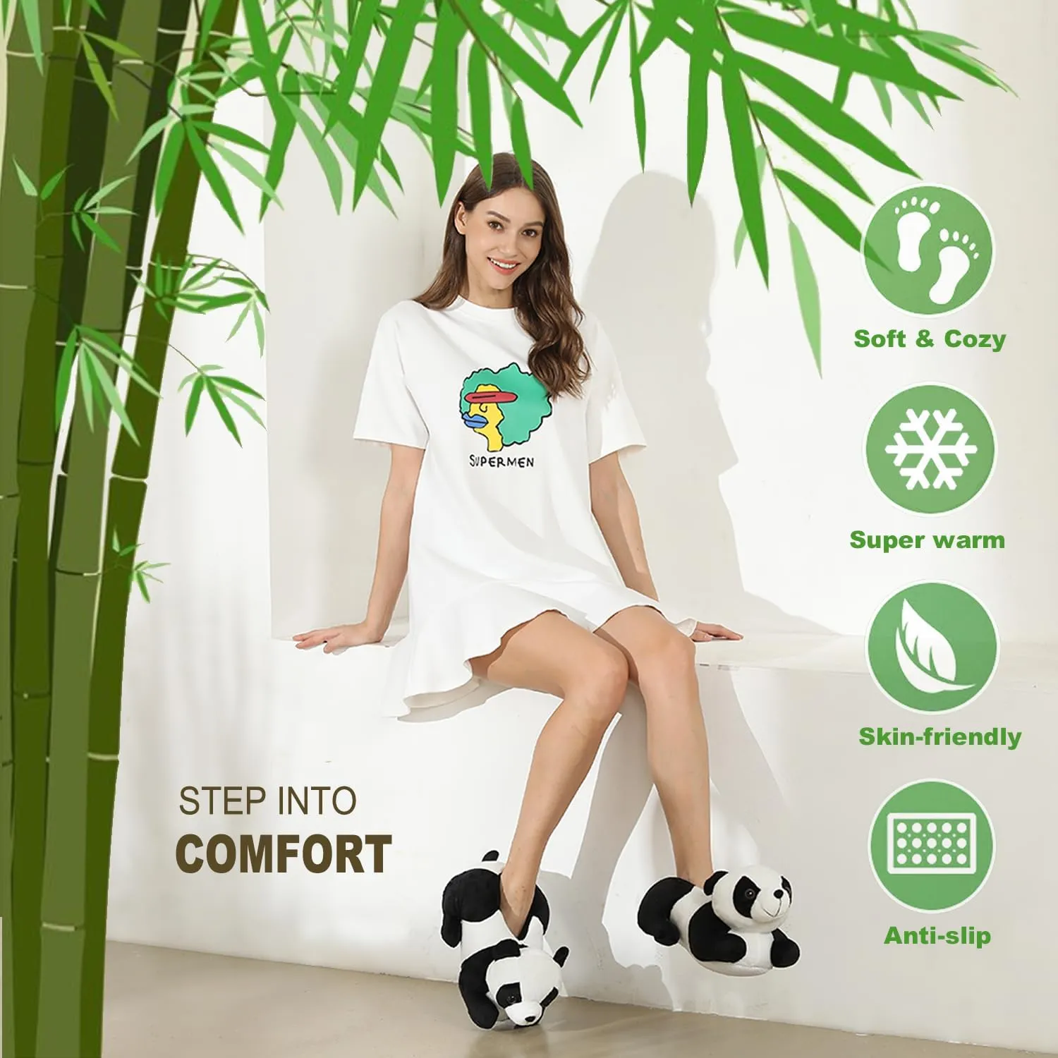 Onmygogo Indoor Fuzzy Winter Animal Panda and Cow Plush Slippers for Adult Women Men Boys Girls Kids