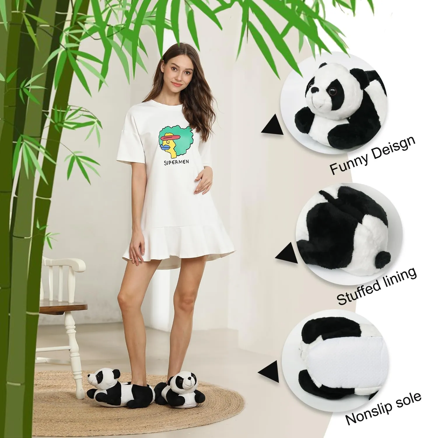 Onmygogo Indoor Fuzzy Winter Animal Panda and Cow Plush Slippers for Adult Women Men Boys Girls Kids