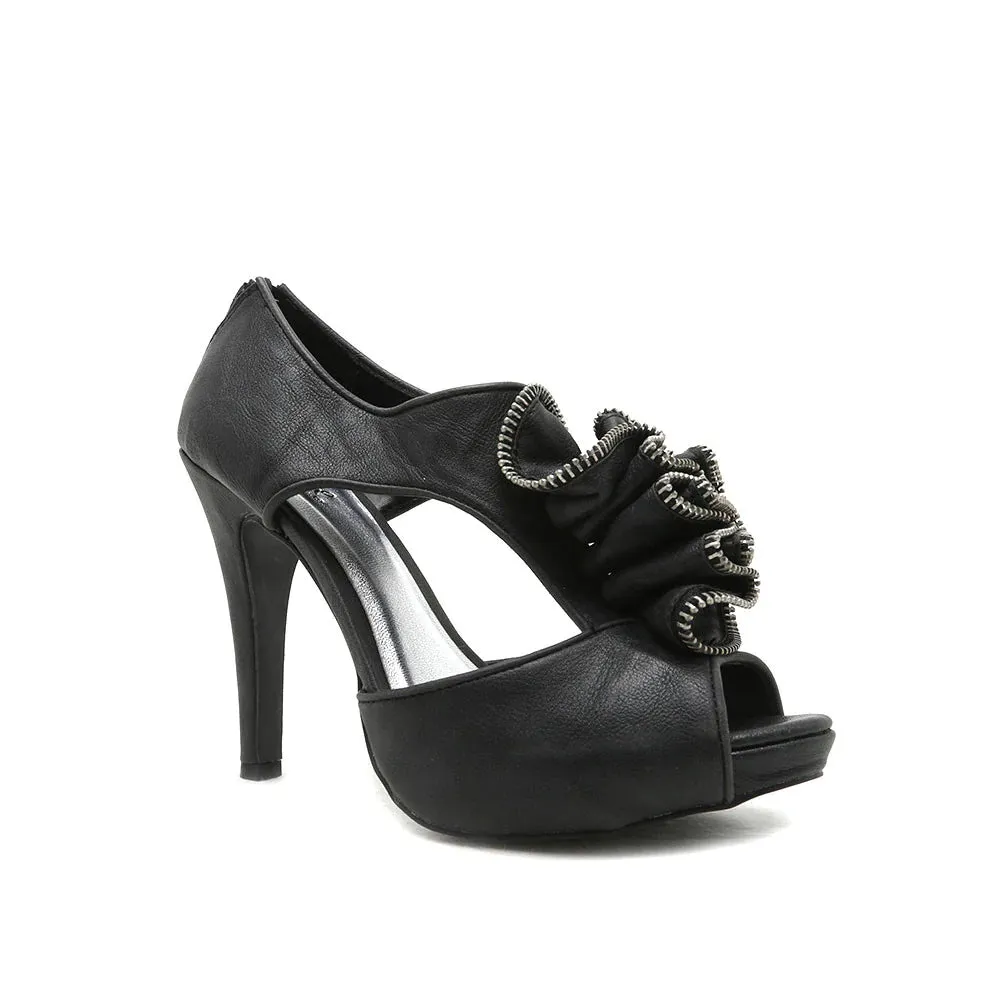 Open Toe Zipper Ruffle Heel