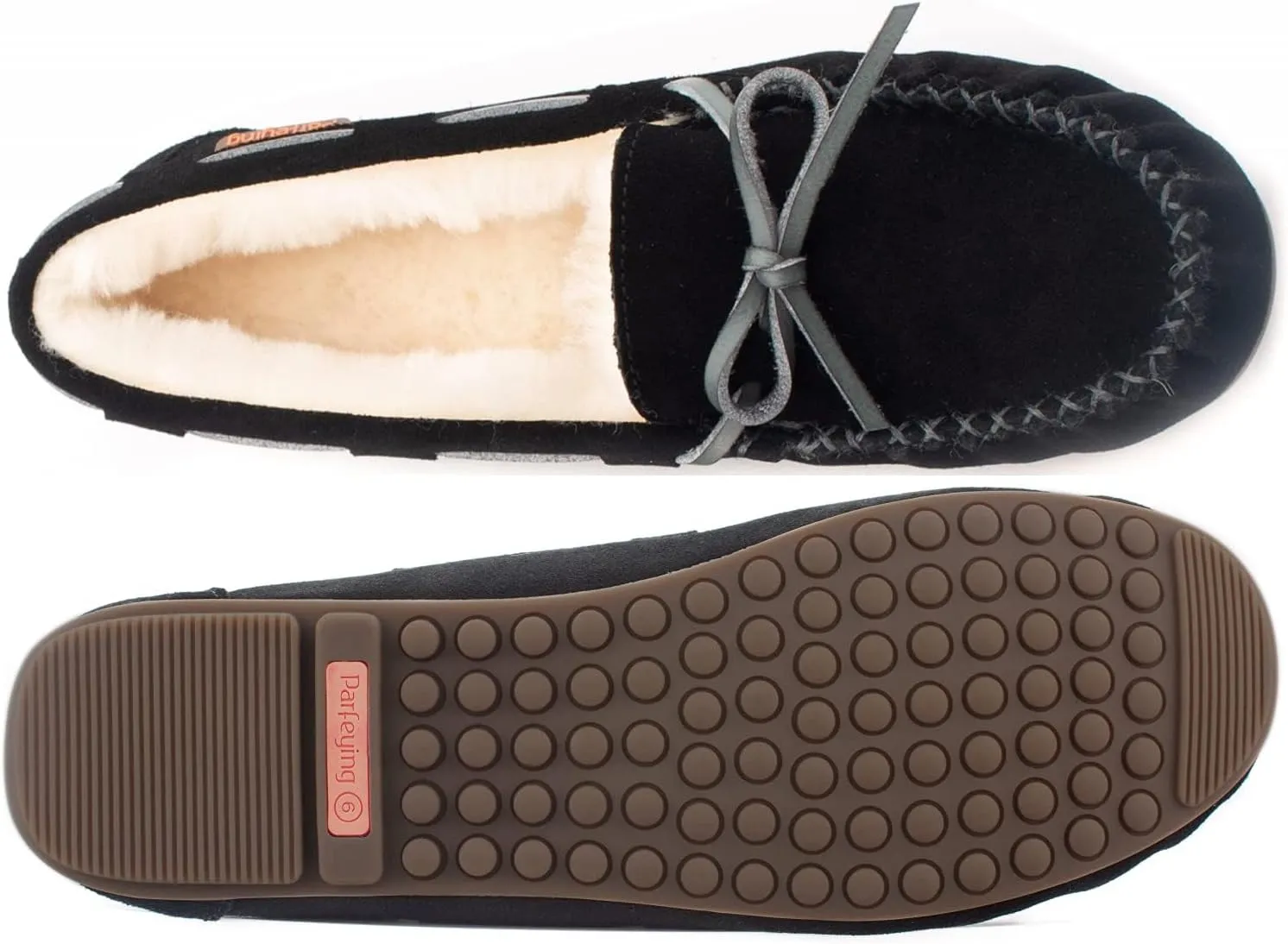 Parfeying Women's Sheepskin Moccasins Cow Suede Memory Foam Slippers Indoor Outdoor Shearling Winter Shoes
