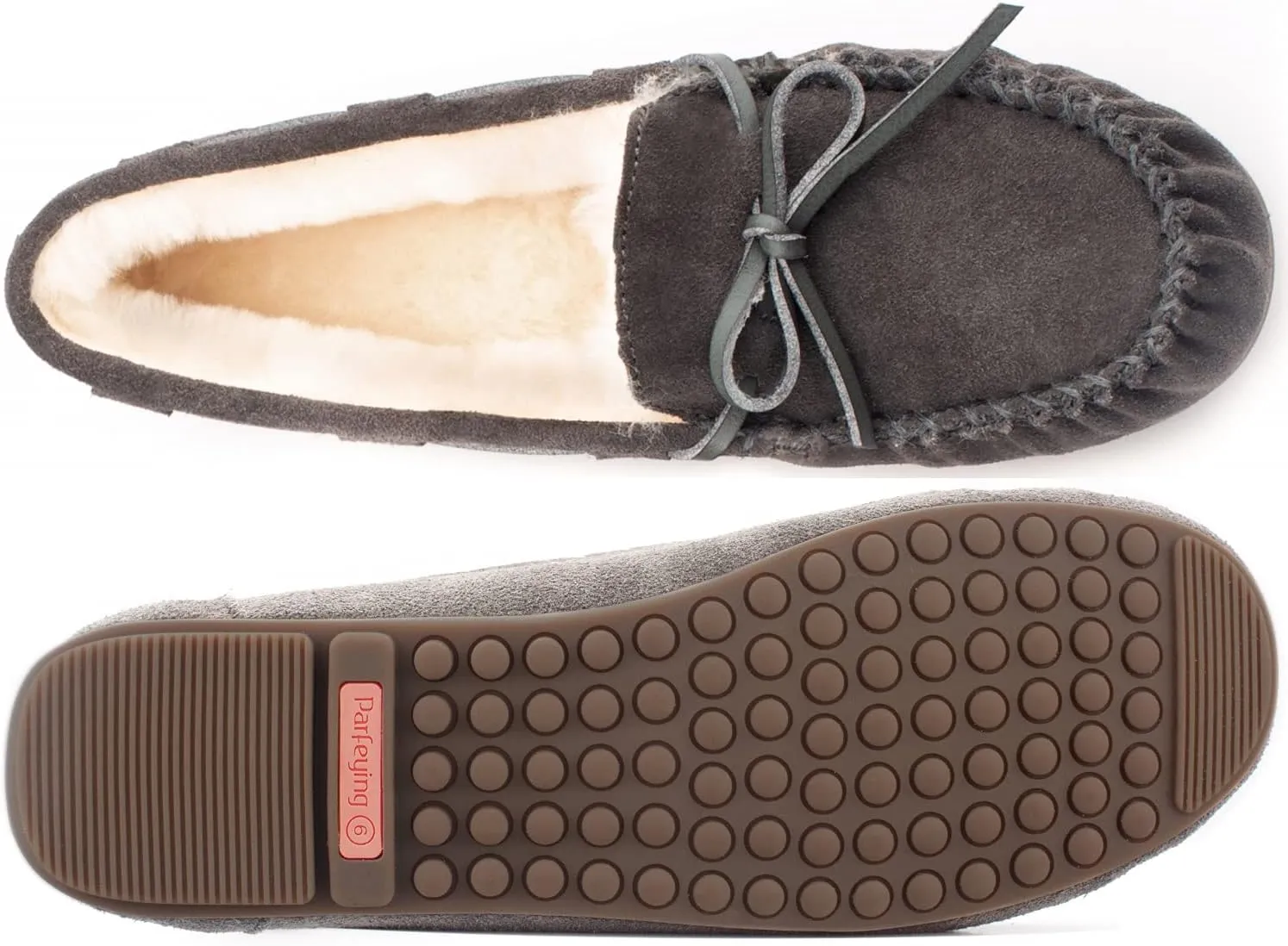 Parfeying Women's Sheepskin Moccasins Cow Suede Memory Foam Slippers Indoor Outdoor Shearling Winter Shoes