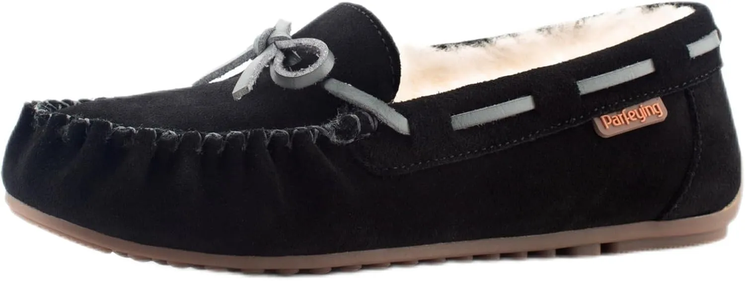 Parfeying Women's Sheepskin Moccasins Cow Suede Memory Foam Slippers Indoor Outdoor Shearling Winter Shoes