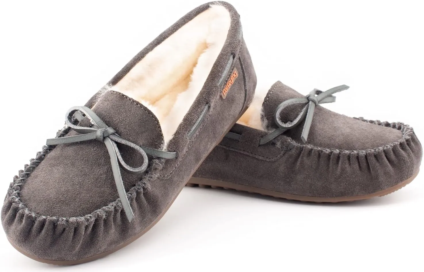 Parfeying Women's Sheepskin Moccasins Cow Suede Memory Foam Slippers Indoor Outdoor Shearling Winter Shoes