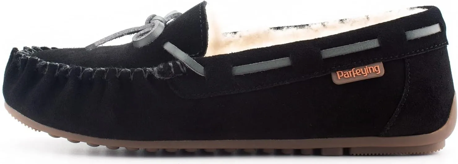 Parfeying Women's Sheepskin Moccasins Cow Suede Memory Foam Slippers Indoor Outdoor Shearling Winter Shoes
