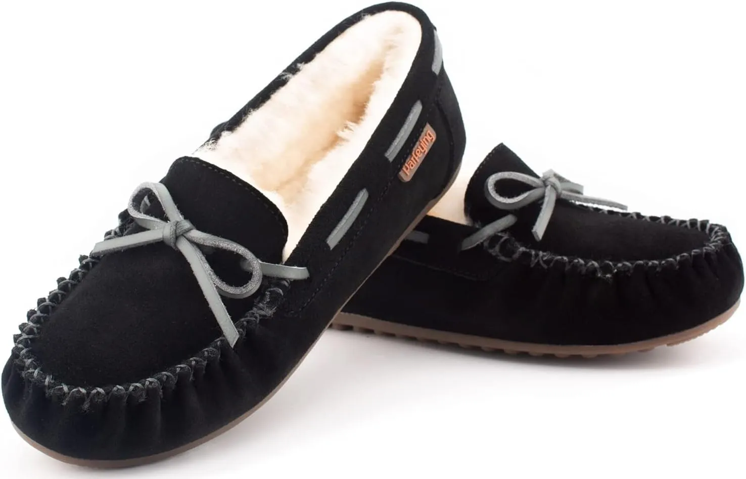 Parfeying Women's Sheepskin Moccasins Cow Suede Memory Foam Slippers Indoor Outdoor Shearling Winter Shoes