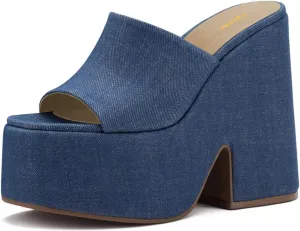Pazzion Women Chunky Platform High Heeled Sandals Slip On Open Toe Block Heel Slides Mules Comfy Daily Casual Shopping Shoes Size 4-16 US