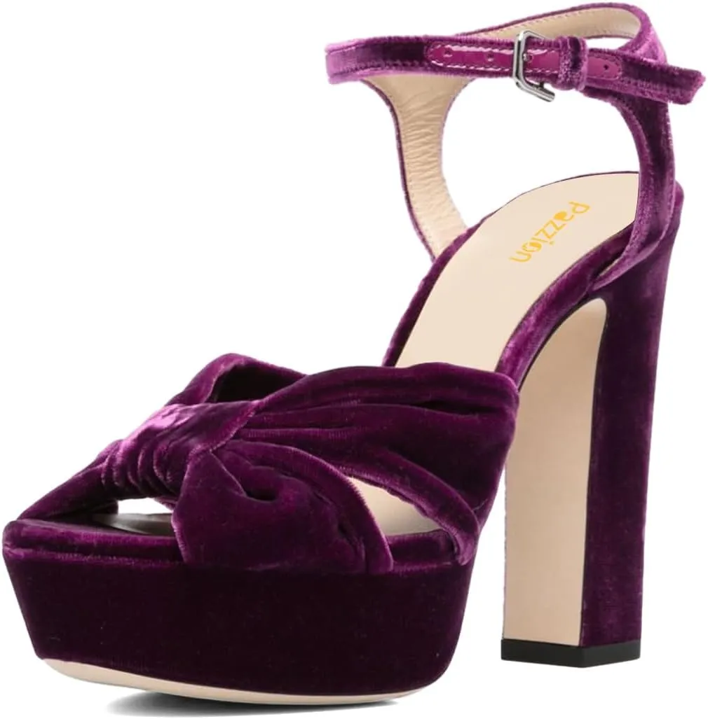 Pazzion Women Chunky Platform Open Toe High Heeled Sandals Soft Velvet Ankle Strap Buckle Bows Block Heel Pumps Cozy Wedding Prom Shoes Size 4-16 US