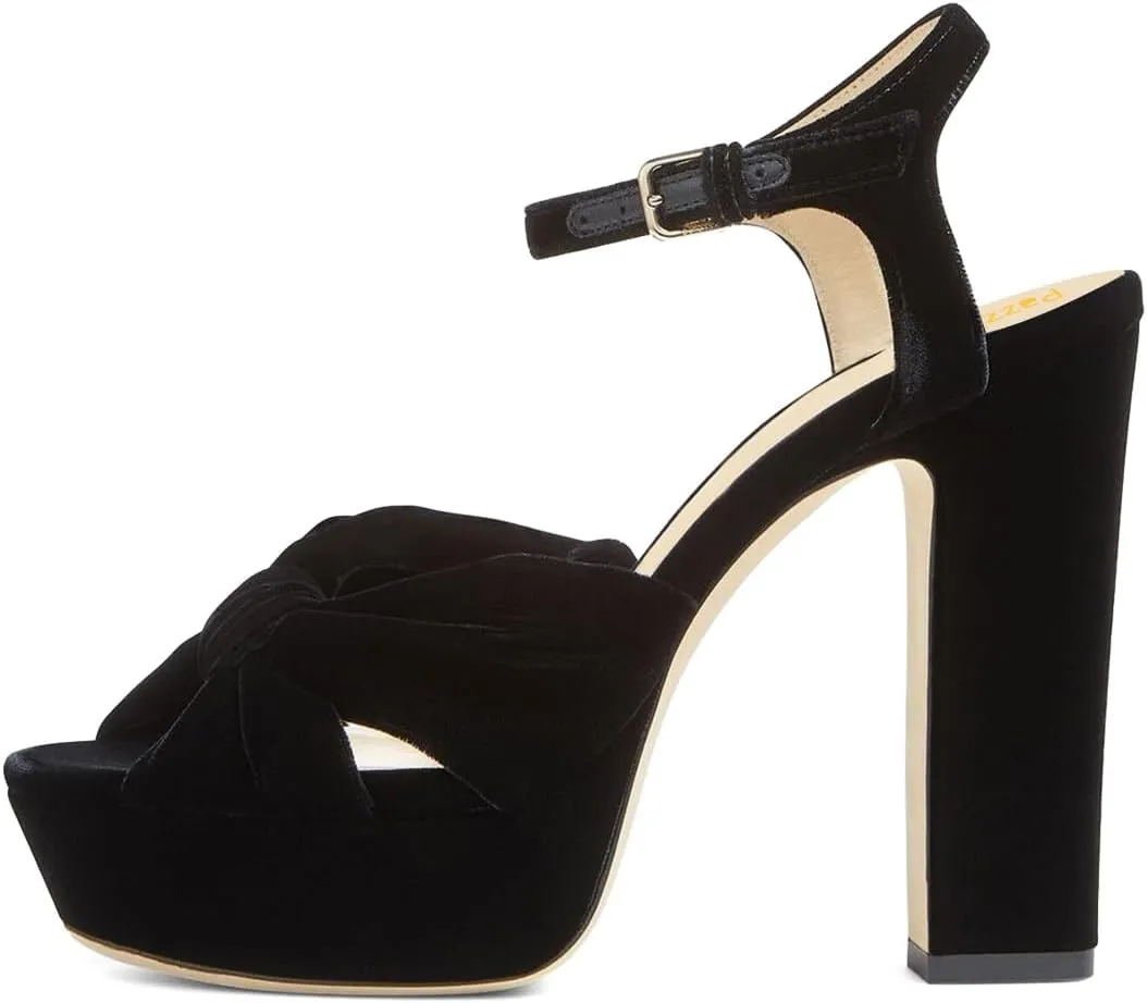 Pazzion Women Chunky Platform Open Toe High Heeled Sandals Soft Velvet Ankle Strap Buckle Bows Block Heel Pumps Cozy Wedding Prom Shoes Size 4-16 US