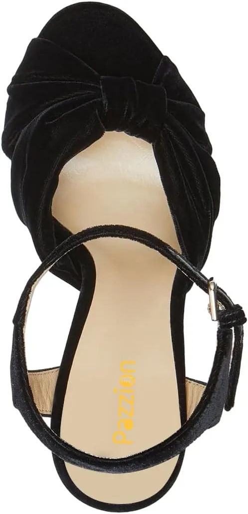 Pazzion Women Chunky Platform Open Toe High Heeled Sandals Soft Velvet Ankle Strap Buckle Bows Block Heel Pumps Cozy Wedding Prom Shoes Size 4-16 US