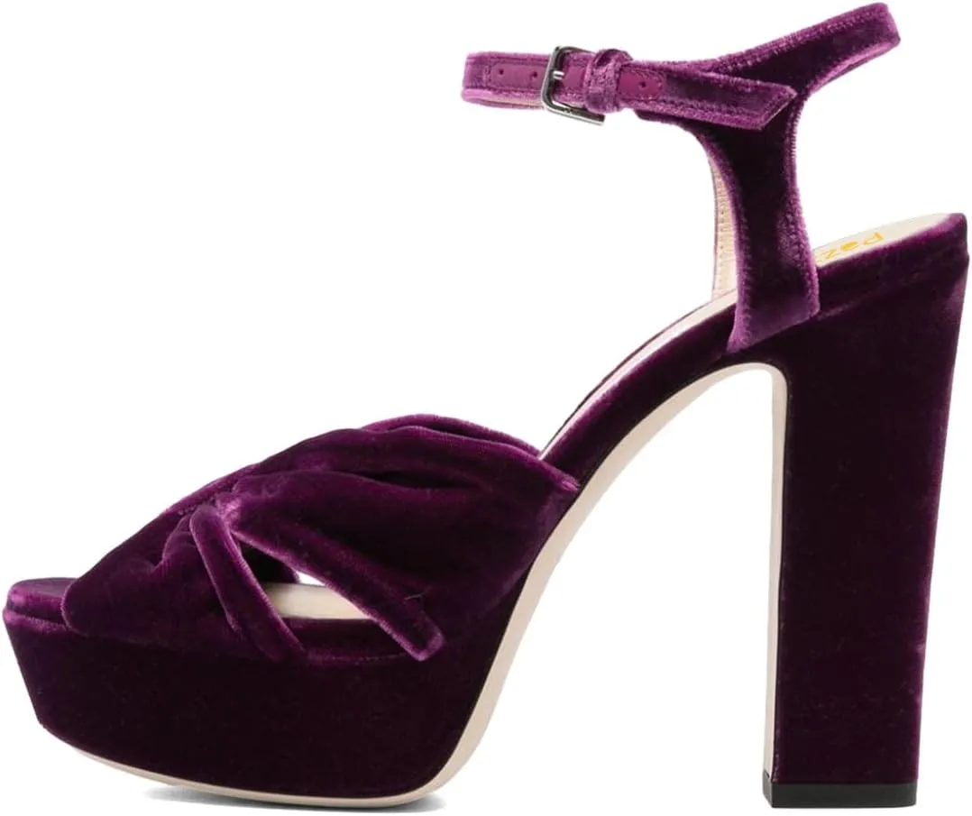 Pazzion Women Chunky Platform Open Toe High Heeled Sandals Soft Velvet Ankle Strap Buckle Bows Block Heel Pumps Cozy Wedding Prom Shoes Size 4-16 US
