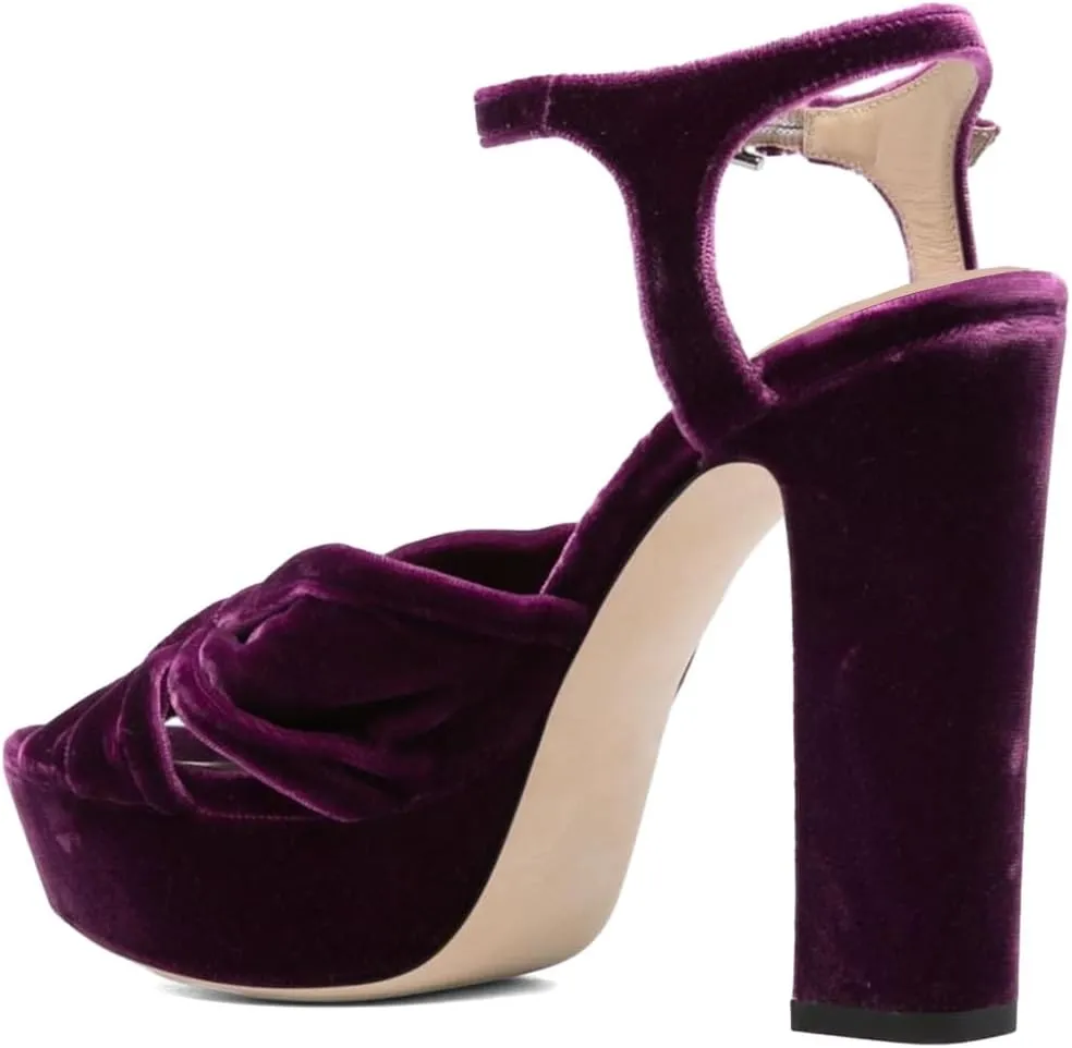 Pazzion Women Chunky Platform Open Toe High Heeled Sandals Soft Velvet Ankle Strap Buckle Bows Block Heel Pumps Cozy Wedding Prom Shoes Size 4-16 US