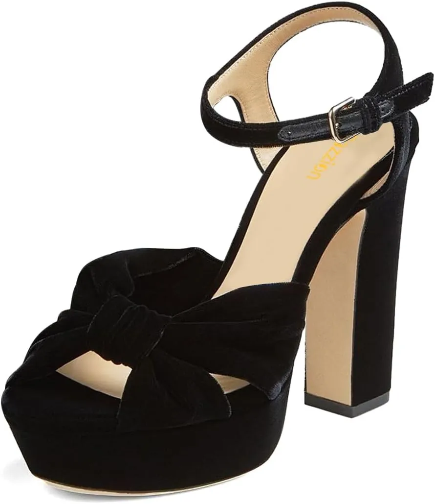 Pazzion Women Chunky Platform Open Toe High Heeled Sandals Soft Velvet Ankle Strap Buckle Bows Block Heel Pumps Cozy Wedding Prom Shoes Size 4-16 US