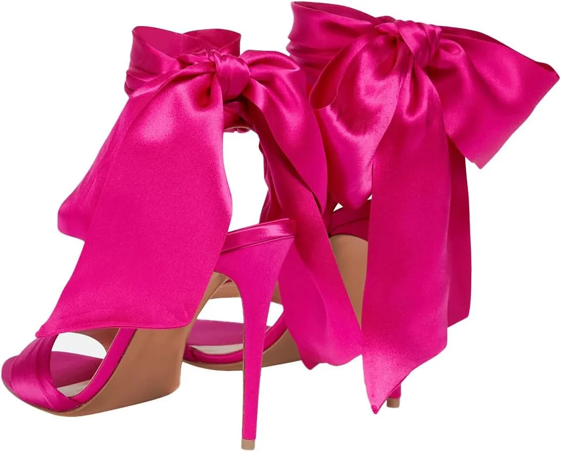 Pazzion Women Elegant Open Toe Satin Sandals Ankle Wrap Bowtie Stiletto Heels Evening Dress Event Shoes Size 4-16 US