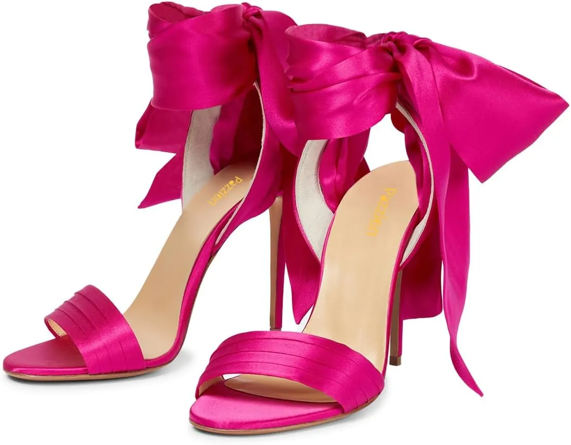Pazzion Women Elegant Open Toe Satin Sandals Ankle Wrap Bowtie Stiletto Heels Evening Dress Event Shoes Size 4-16 US