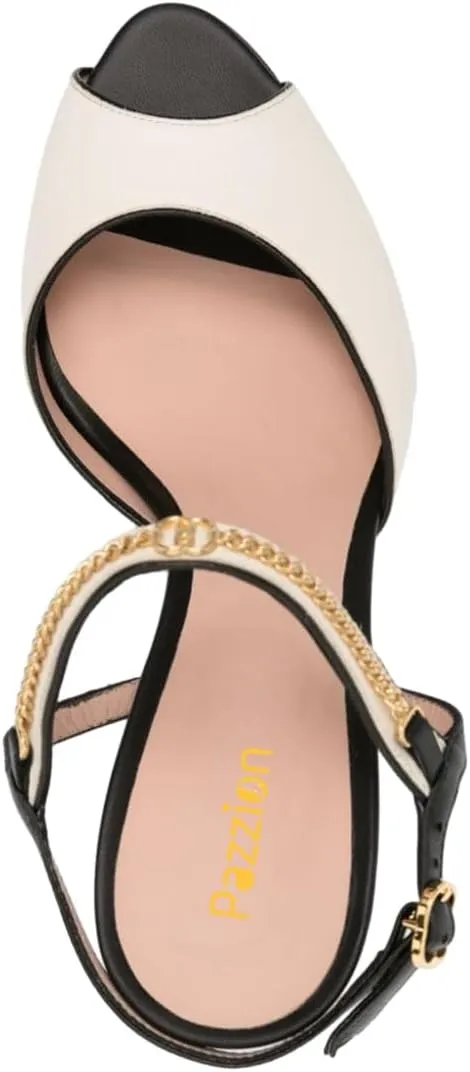 Pazzion Women Elegant Two Toned Peep Toe High Heel Sandals Chain Strap Buckles Cone Heeled Pumps Sexy Wedding Fancy Party Shoes Size 4-16 US