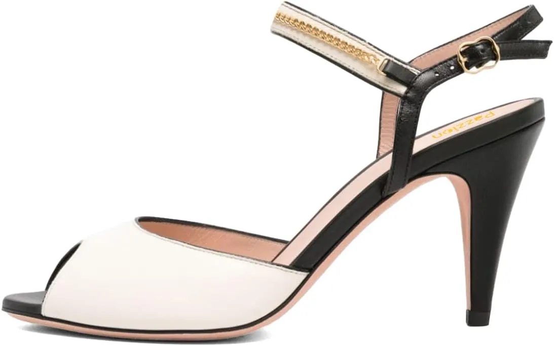 Pazzion Women Elegant Two Toned Peep Toe High Heel Sandals Chain Strap Buckles Cone Heeled Pumps Sexy Wedding Fancy Party Shoes Size 4-16 US