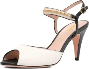 Pazzion Women Elegant Two Toned Peep Toe High Heel Sandals Chain Strap Buckles Cone Heeled Pumps Sexy Wedding Fancy Party Shoes Size 4-16 US