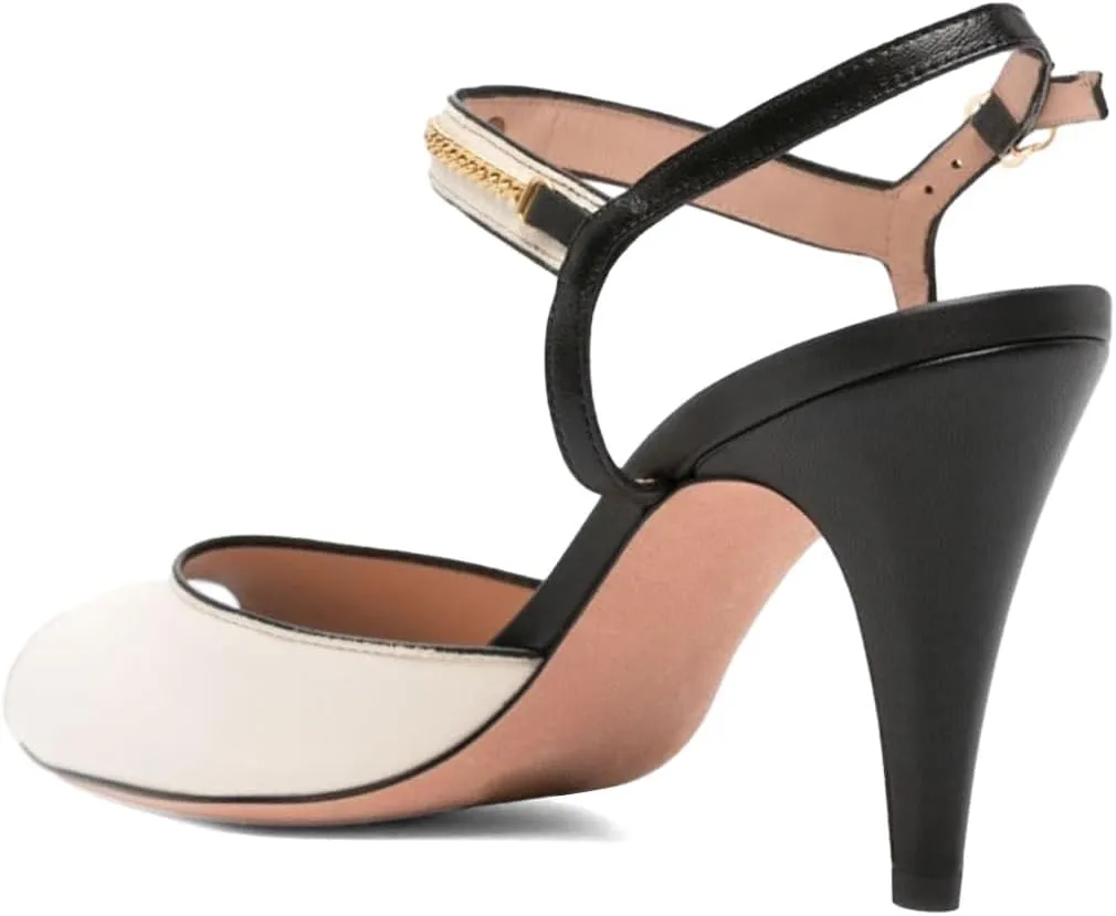 Pazzion Women Elegant Two Toned Peep Toe High Heel Sandals Chain Strap Buckles Cone Heeled Pumps Sexy Wedding Fancy Party Shoes Size 4-16 US