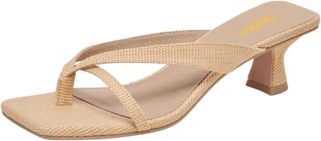 Pazzion Women Open Square Toe Kitten Heel Flip Flop Sandals Slip On Low Heeled Slippers Daily Indoor Shopping Shoes Size 4-16 US