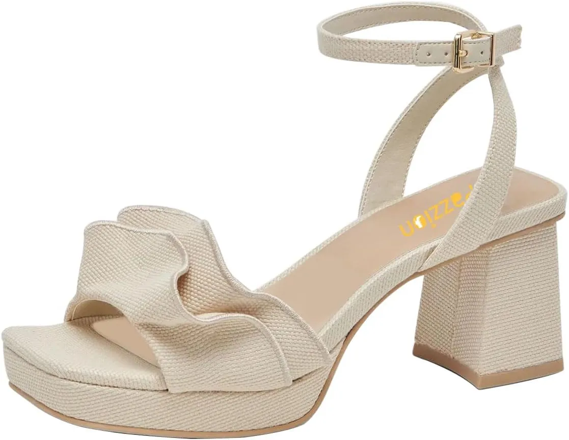 Pazzion Women Platform Square Toe Pleated Ruffle Sandal Block High Heel Strap Buckle Pumps Sexy Club Prom Casual Shoes Size 4-16 US