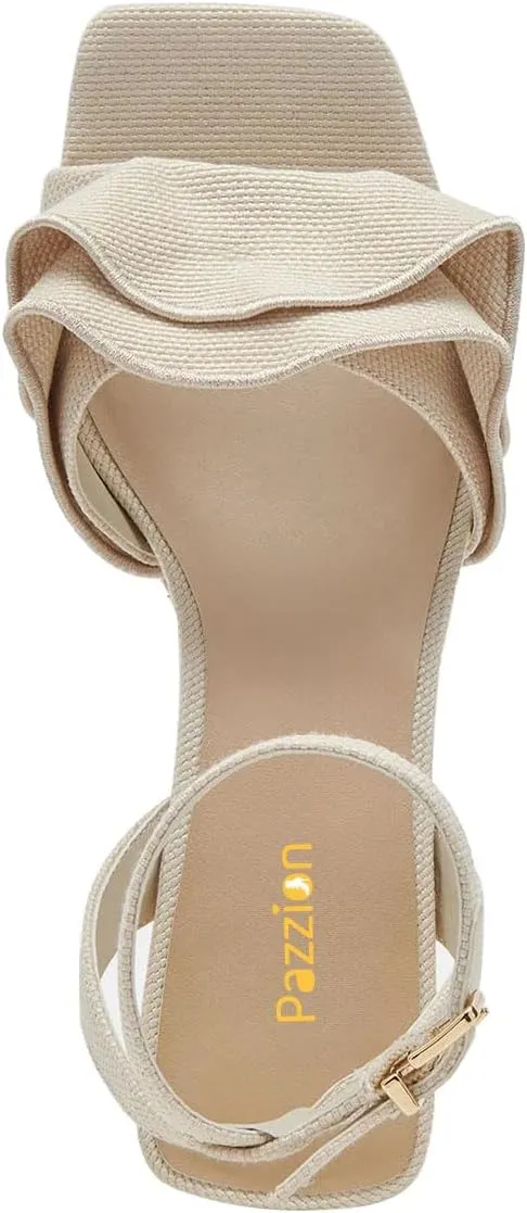 Pazzion Women Platform Square Toe Pleated Ruffle Sandal Block High Heel Strap Buckle Pumps Sexy Club Prom Casual Shoes Size 4-16 US
