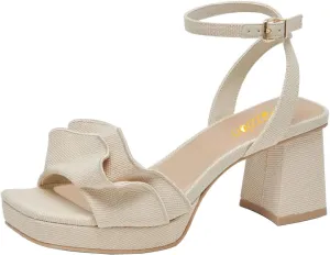 Pazzion Women Platform Square Toe Pleated Ruffle Sandal Block High Heel Strap Buckle Pumps Sexy Club Prom Casual Shoes Size 4-16 US