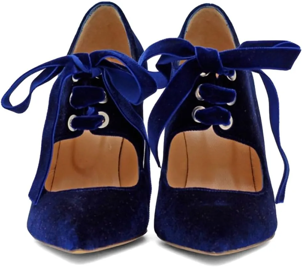 Pazzion Women Trendy Closed Pointed Toe Cutout Pumps Soft Velvet Chunky High Heels Lace Up Shoes for Casual Evening Event Size 4-16 US