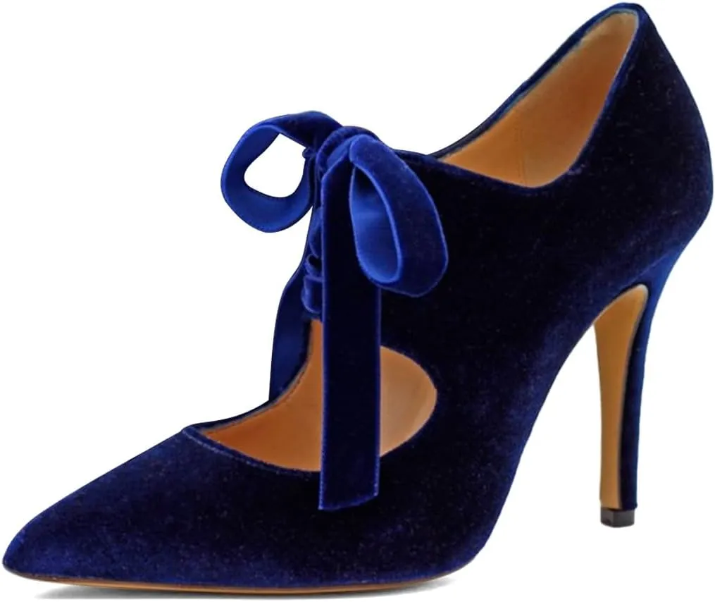 Pazzion Women Trendy Closed Pointed Toe Cutout Pumps Soft Velvet Chunky High Heels Lace Up Shoes for Casual Evening Event Size 4-16 US